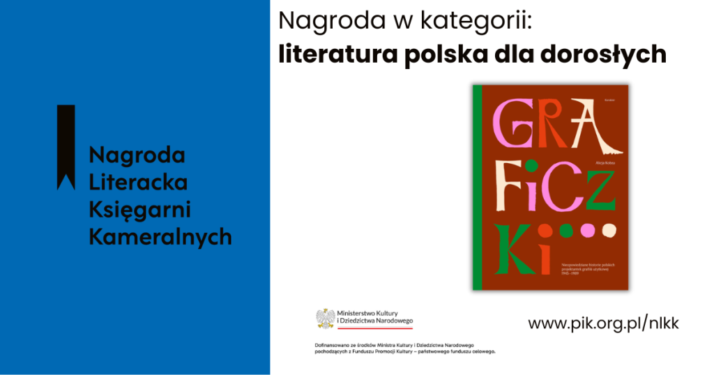 Okładka książki „Graficzki” Alicji Kobzy z&nbsp;logotypem Nagrody Literackiej Księgarni Kameralnych w&nbsp;kategorii literatura polska dla dorosłych.
