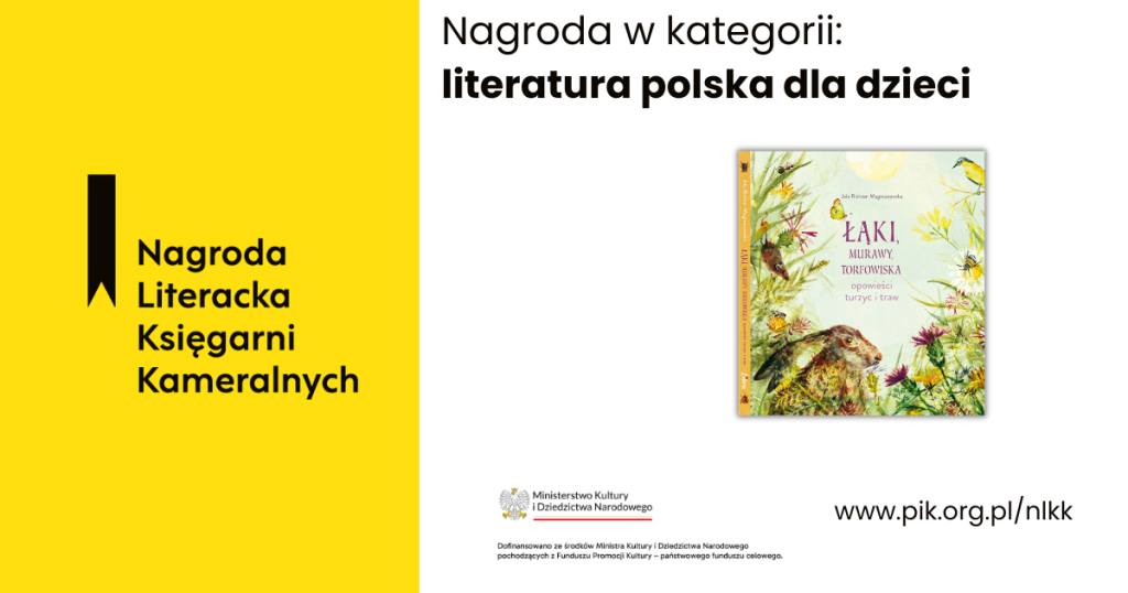 Okładka książki „Łąki, murawy, torfowiska” Joli Richter-Magnuszewskiej z&nbsp;logotypem Nagrody Literackiej Księgarni Kameralnych w&nbsp;kategorii literatura polska dla dzieci.